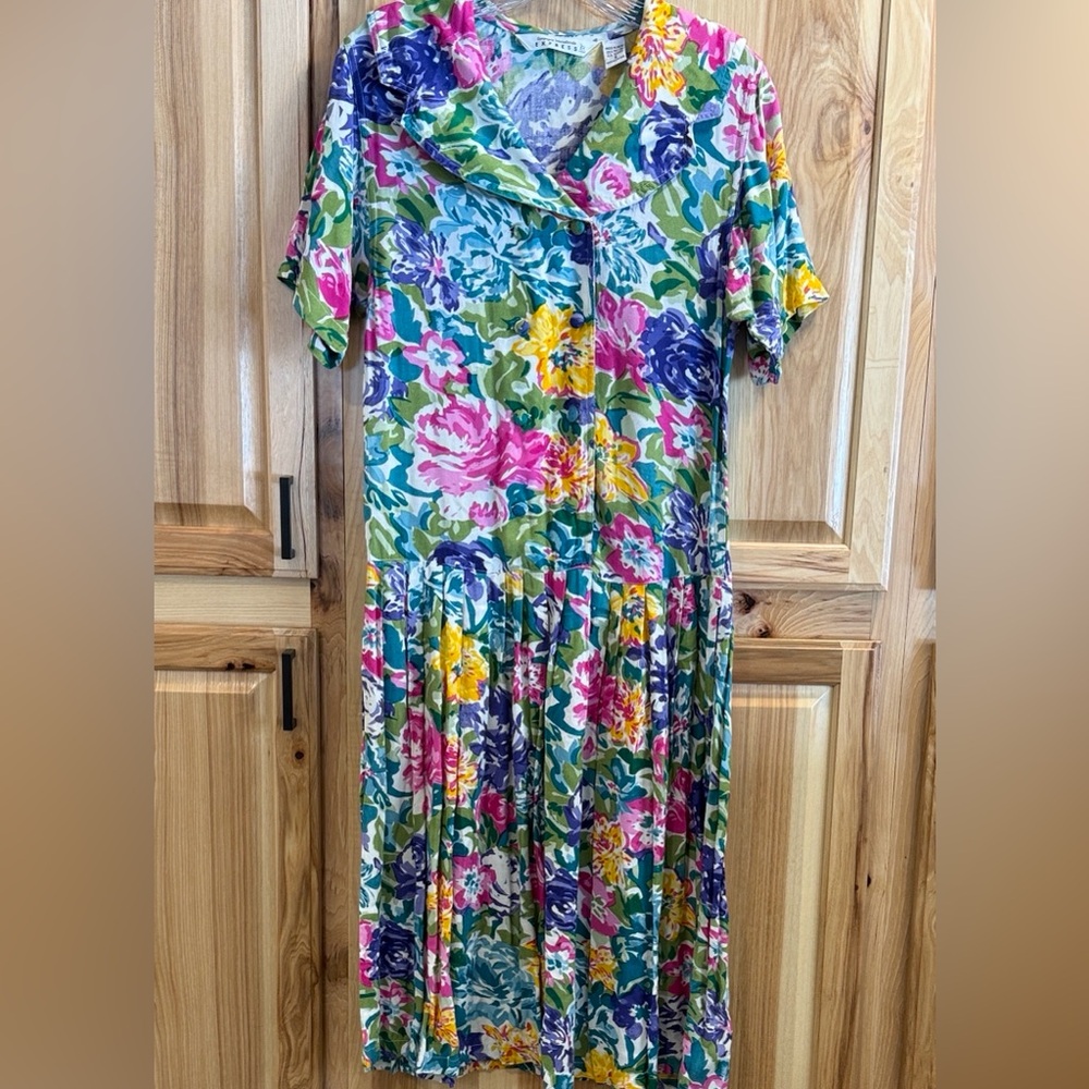 Darling! Vintage Express Vibrant Floral Drop Waist Double Button Midi Dress Sz S